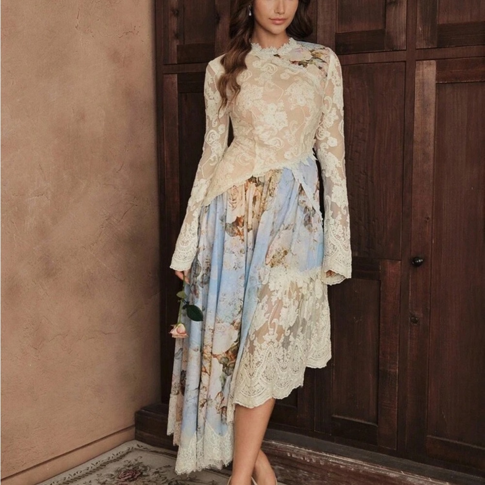 Romantic Lace & Floral Midi Dress in Ivory and Sky Blue